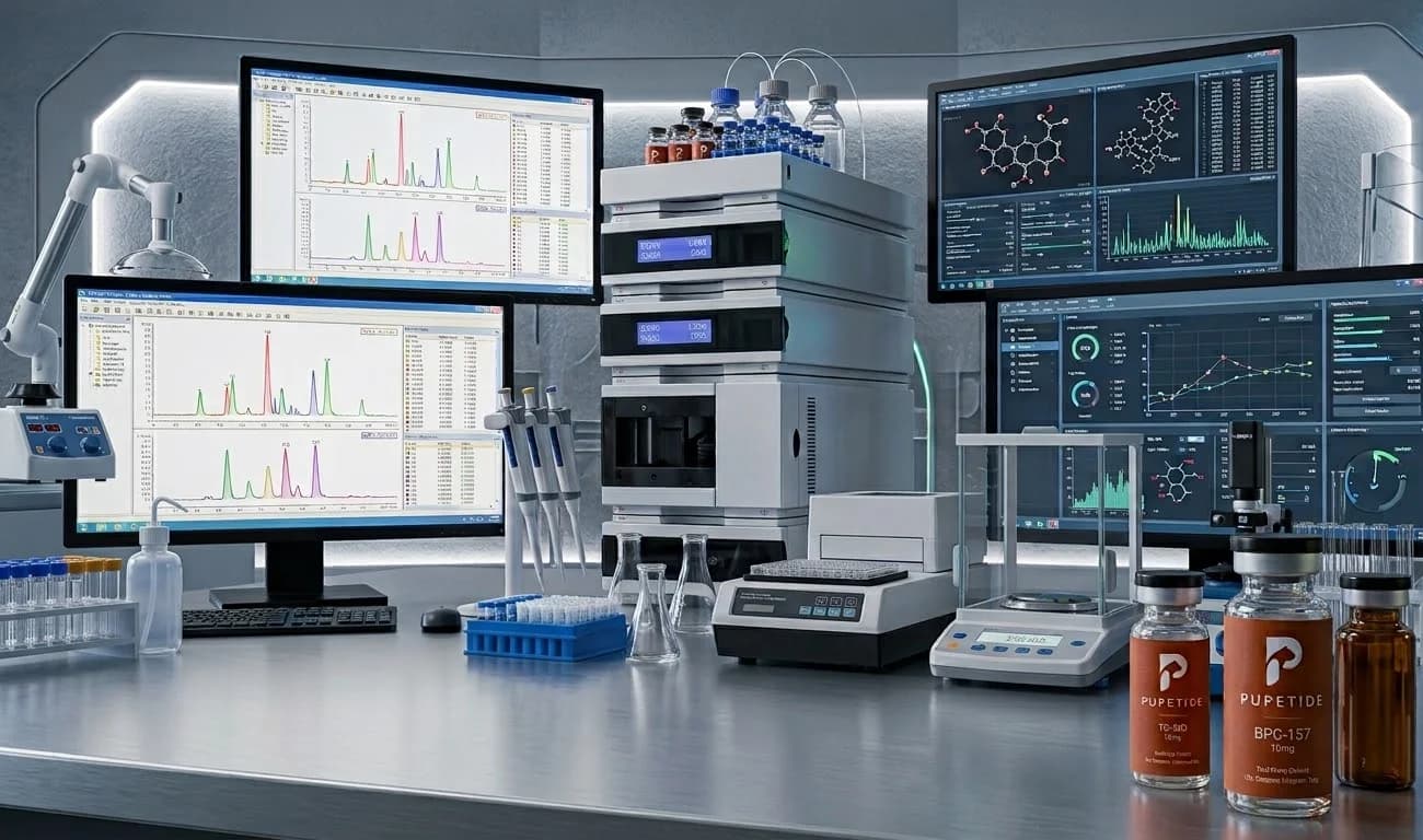PUPETIDE peptide vials on a steel laboratory bench, with chromatography instruments and data displays behind them